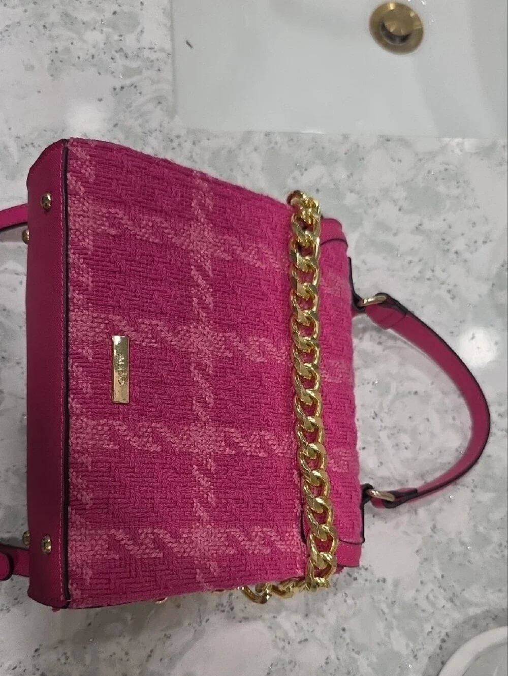 ALDO Pink Tweed Top Handle Crossbody Satchel Lion Medallion Bag